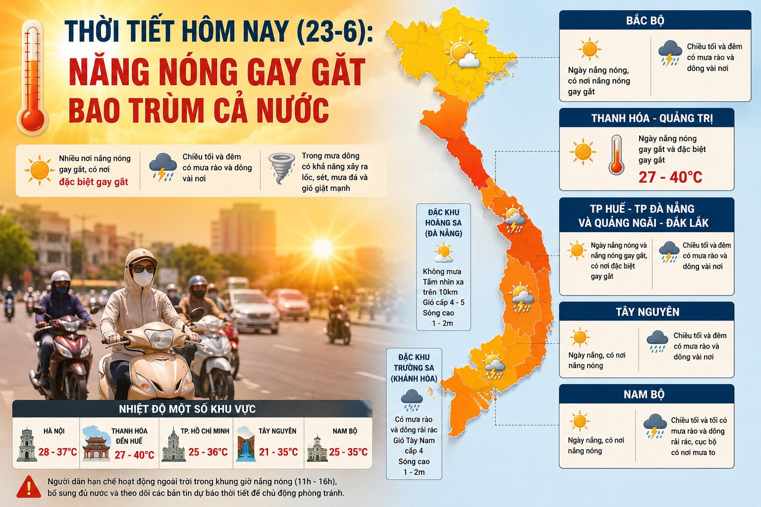 Thời tiết ngày 23/6/2026: Nắng nóng gay gắt và đặc biệt gay gắt bao trùm nhiều khu vực trên cả nước, miền Trung có nơi trên 40 độ C. Tây Nguyên và Nam Bộ chiều tối xuất hiện mưa dông cục bộ.