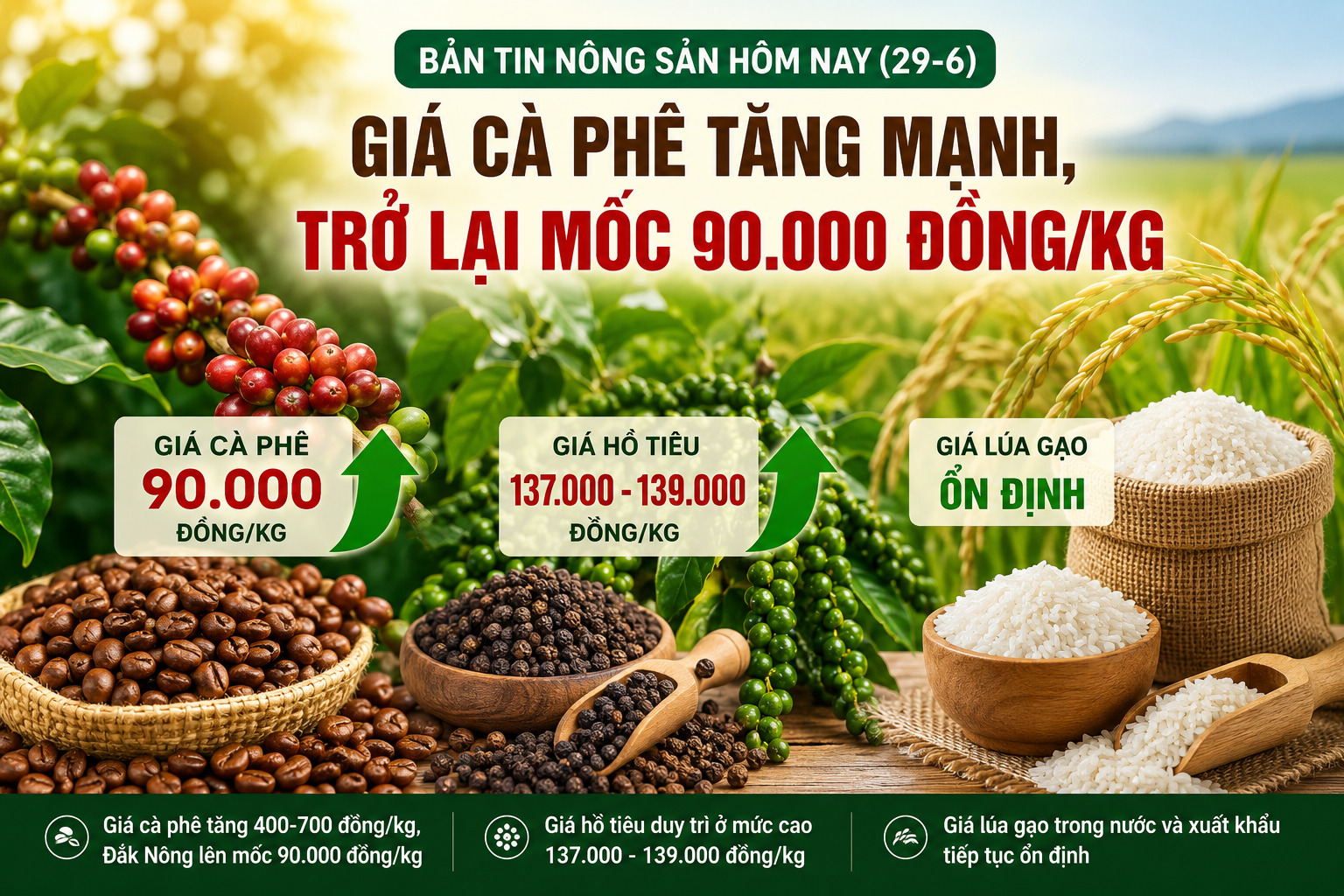 Bản tin nông sản hôm nay (29-6): Giá cà phê tăng mạnh, trở lại mốc 90.000 đồng/kg; giá hồ tiêu duy trì ở mức cao, trong khi thị trường lúa gạo tiếp tục ổn định.