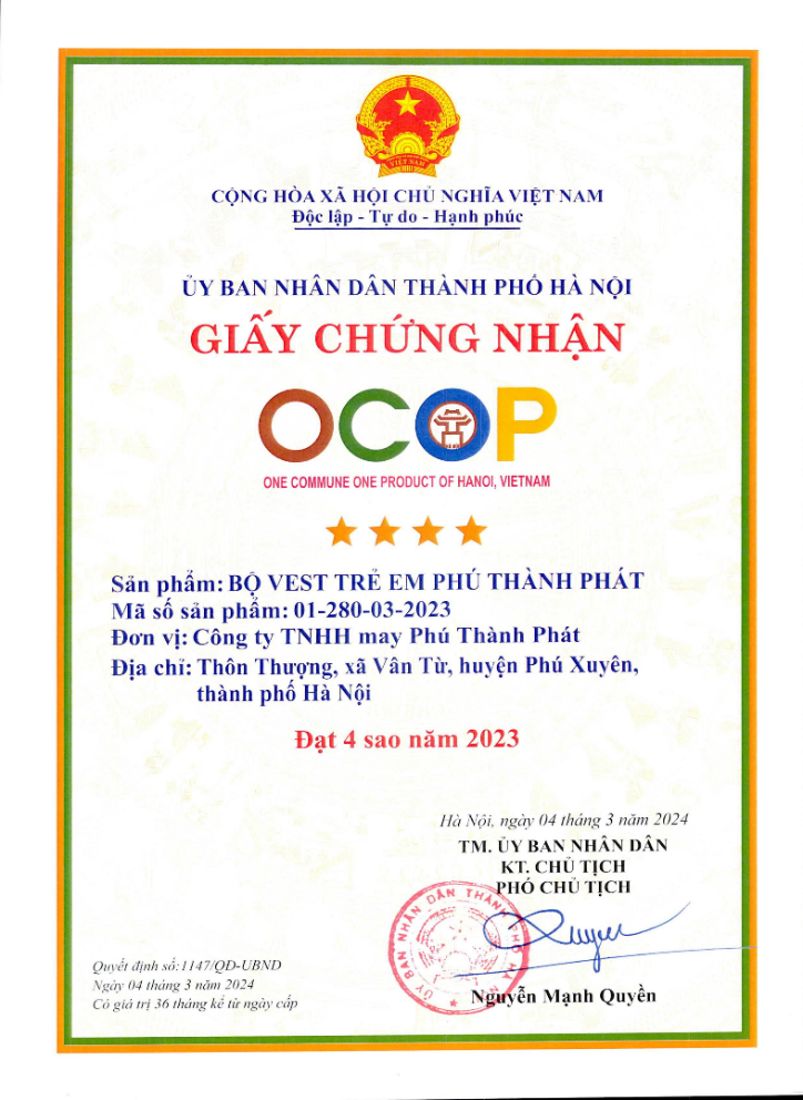 Giấy chứng nhận OCOP 4 sao của công ty TNHH may Phú Thành Phát
