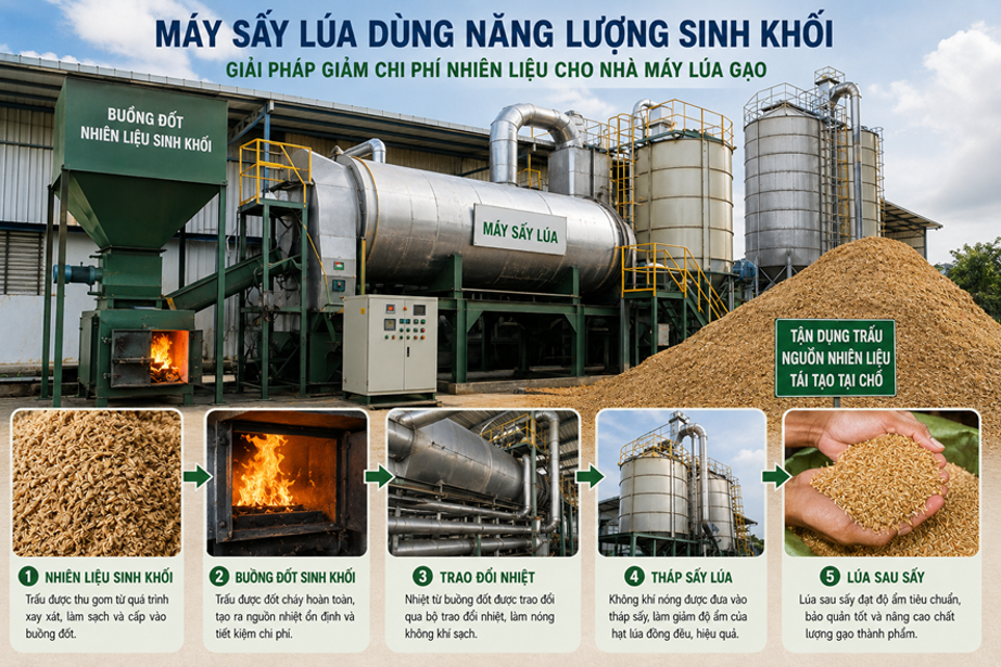 Máy sấy dùng năng lượng sinh khối: Giải bài toán chi phí nhiên liệu cho nhà máy lúa gạo