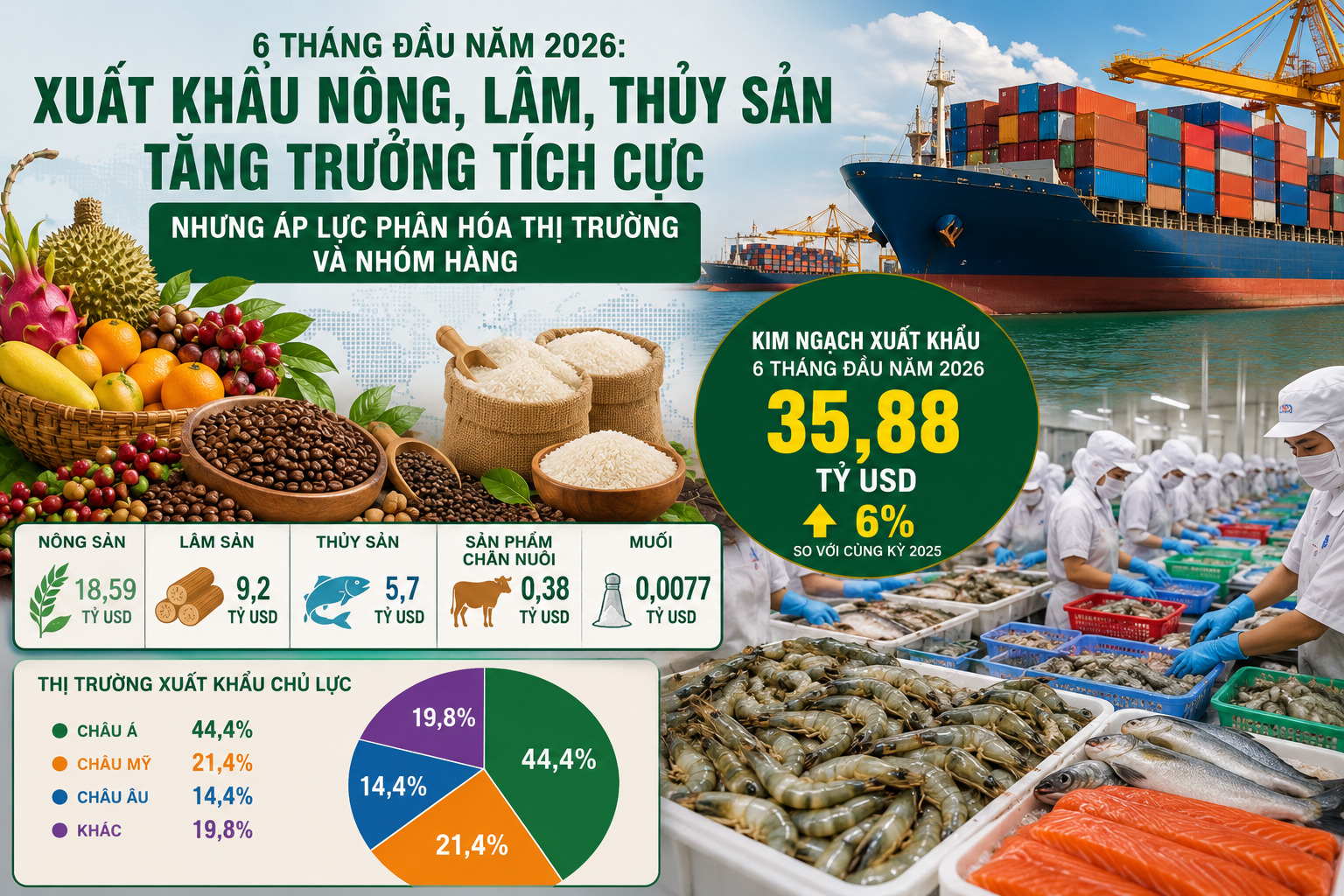 Xuất khẩu nông, lâm, thủy sản đạt gần 35,9 tỷ USD trong 6 tháng đầu năm 2026