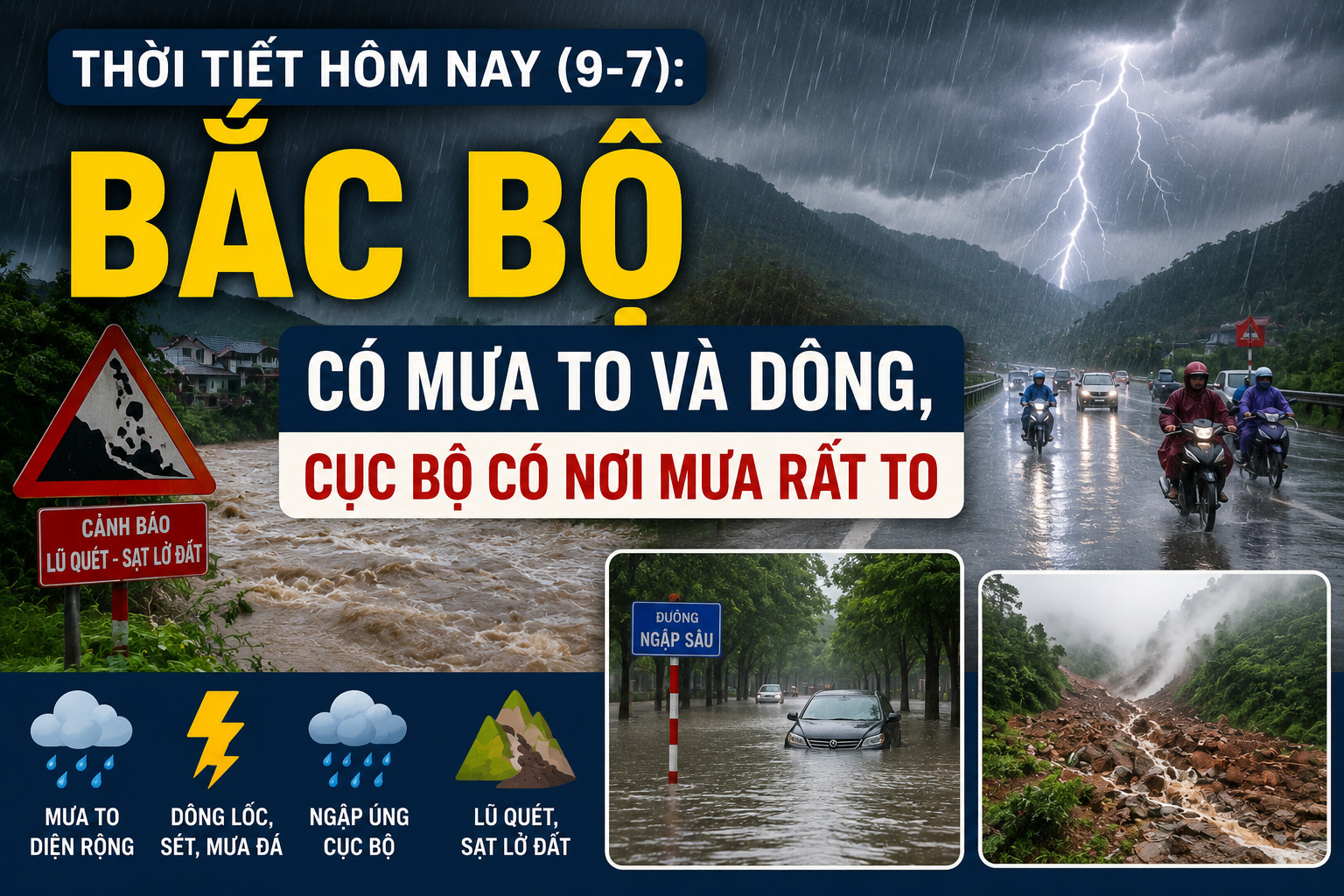 Mưa lớn kèm dông bao phủ nhiều tỉnh miền Bắc, tiềm ẩn nguy cơ ngập úng, lũ quét và sạt lở đất tại các khu vực vùng núi.