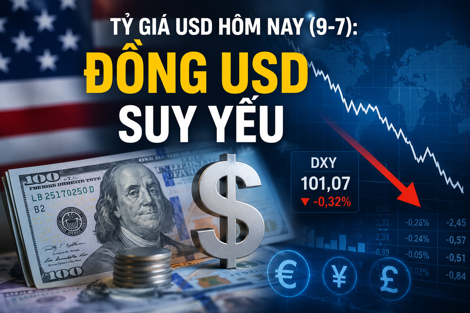 Giao dịch ngoại tệ tại ngân hàng với hình ảnh đồng USD và tiền Việt Nam, minh họa diễn biến tỷ giá USD trong nước và quốc tế ngày 9-7.