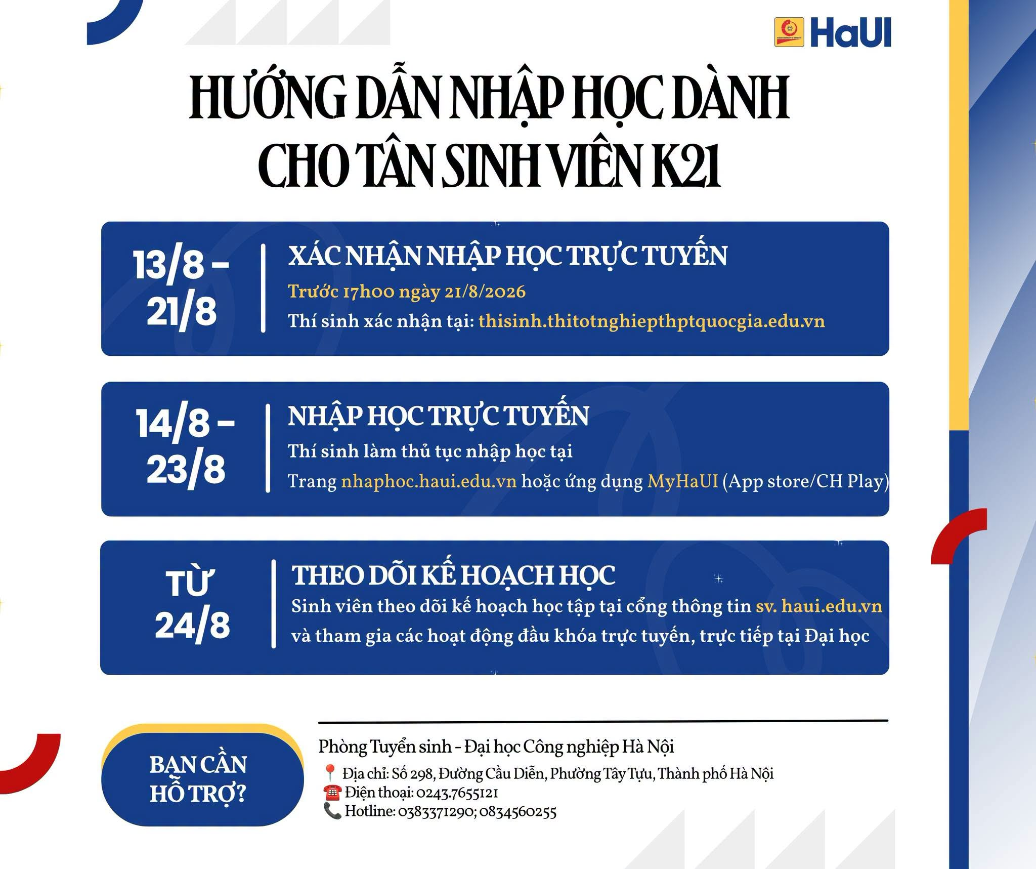 Hướng dẫn nhập học trực tuyến dành cho Tân Sinh viên K21 từ ngày 14/8
