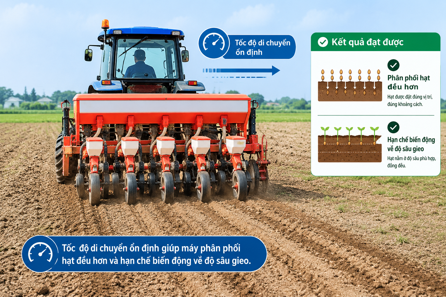 Tốc độ di chuyển ổn định giúp máy phân phối hạt đều hơn và hạn chế biến động về độ sâu gieo.