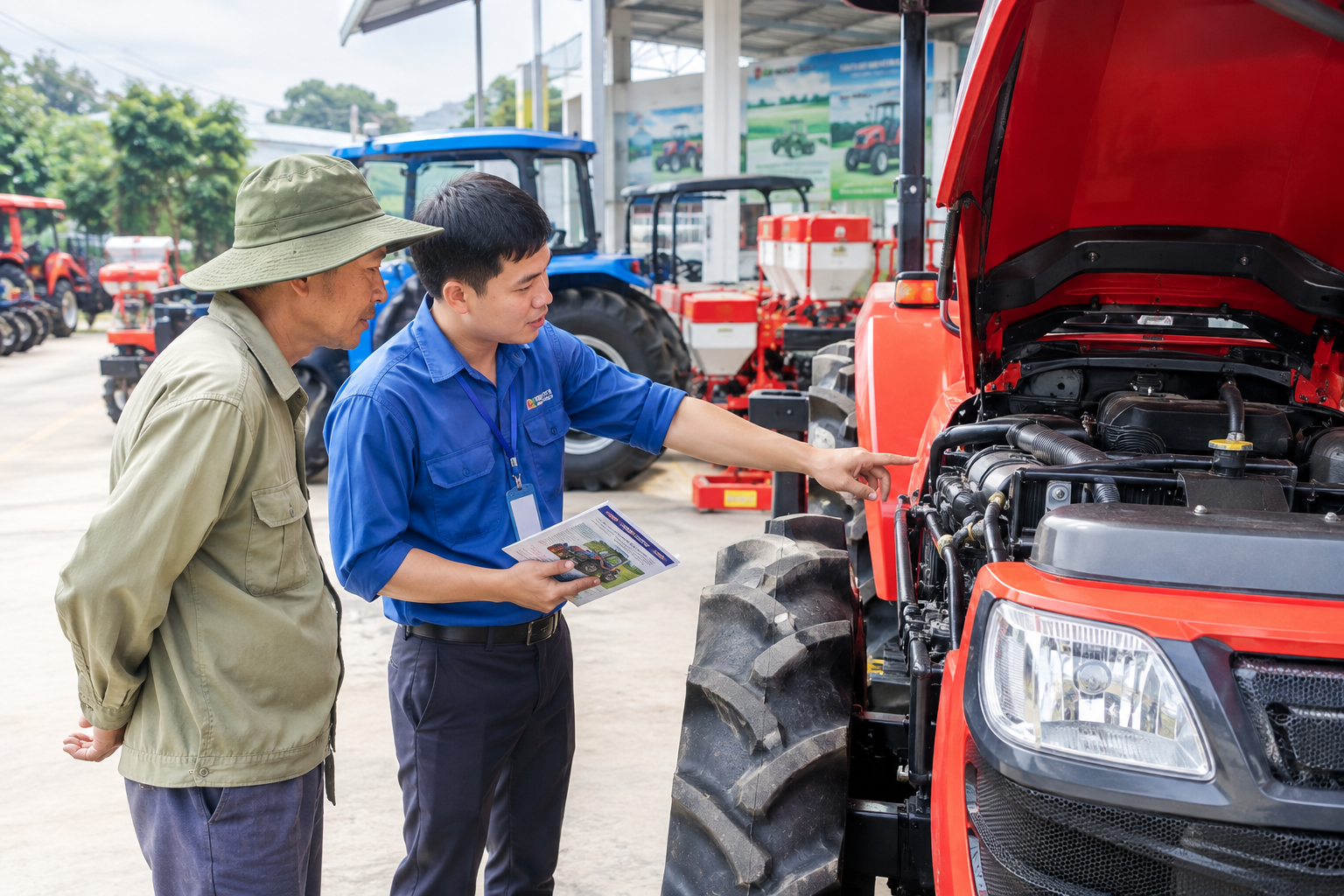Người nông dân kiểm tra và lựa chọn máy móc trước khi đưa vào sản xuất; ưu tiên hình ảnh thực tế tại cửa hàng máy nông nghiệp hoặc ngoài đồng ruộng.