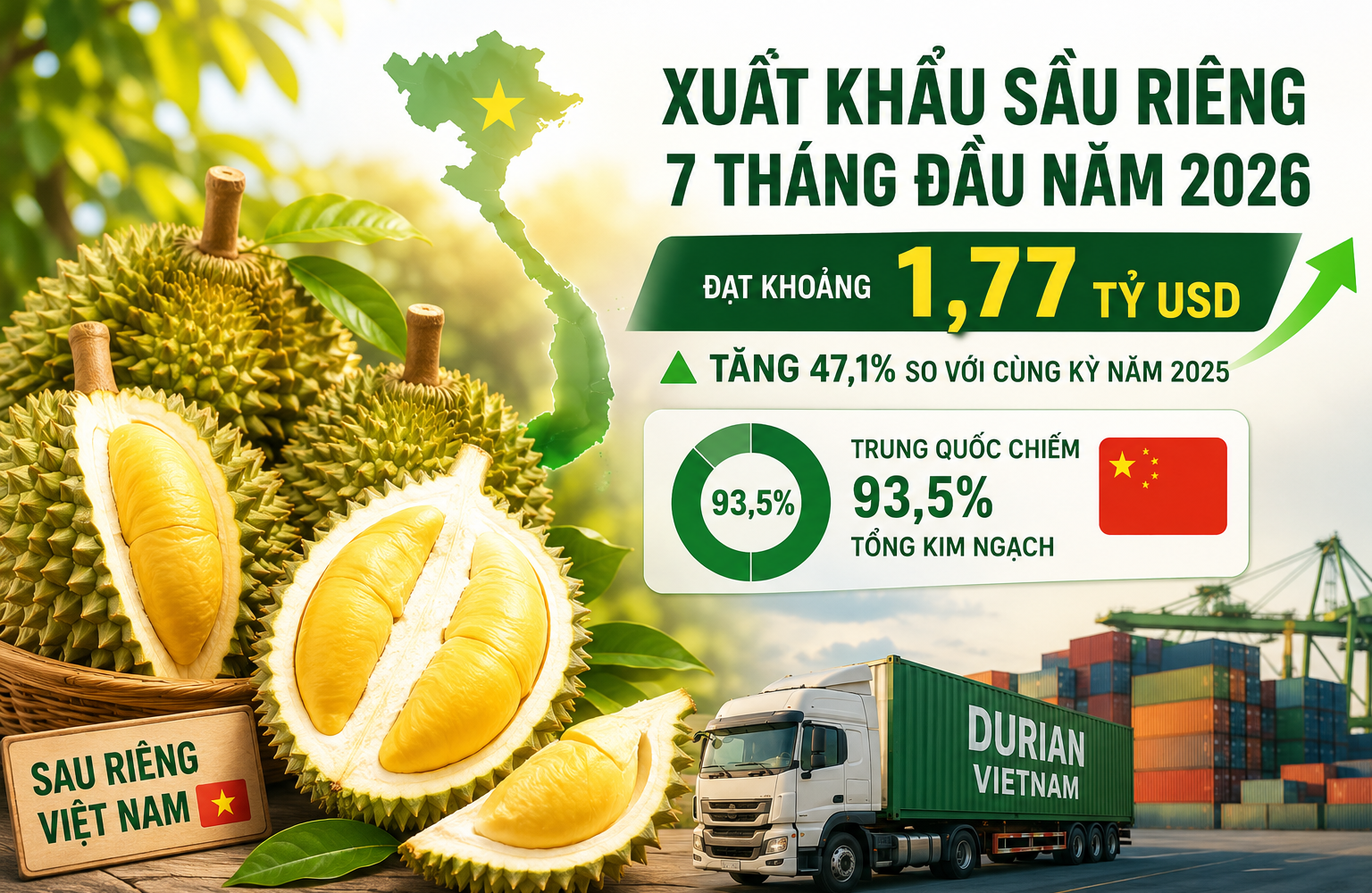 Xuất khẩu sầu riêng 7 tháng đạt 1,77 tỷ USD: Trung Quốc vẫn chi phối, giá bán bắt đầu chịu sức ép