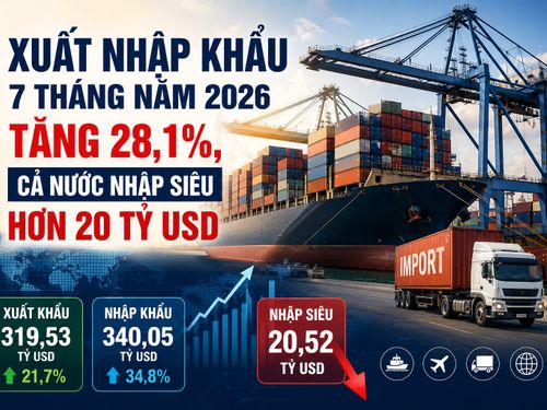 [Infographic] Tổng kim ngạch xuất nhập khẩu 7 tháng năm 2026 tăng 28,1%, nhập siêu hơn 20 tỷ USD