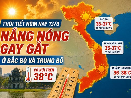 Thời tiết hôm nay 13/8: Bắc Bộ, Trung Bộ nắng nóng gay gắt, có nơi trên 38 độ C