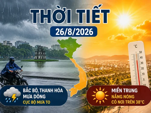 Thời tiết hôm nay 26/8: Bắc Bộ, Thanh Hóa mưa dông, miền Trung có nơi trên 38 độ C