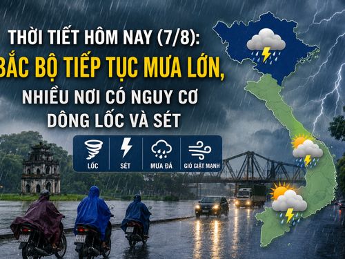 Thời tiết hôm nay (7/8): Bắc Bộ tiếp tục mưa lớn, nhiều nơi có nguy cơ dông lốc và sét
