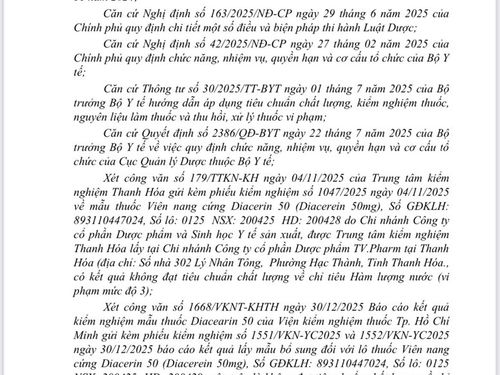 Thu hồi toàn quốc lô thuốc Diacerin 50 do vi phạm chất lượng
