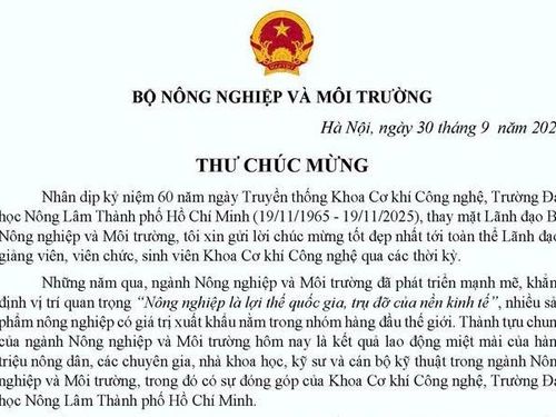 Thứ trưởng Bộ Nông nghiệp và Môi trường gửi thư chúc mừng 60 năm ngày Truyền thống Khoa Cơ khí Công nghệ, Trường Đại học Nông Lâm Thành phố Hồ Chí Minh