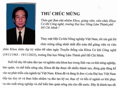 Chủ tịch Hội Cơ khí Nông nghiệp Việt Nam chúc mừng 60 năm ngày Truyền thống Khoa Cơ khí Công nghệ, Trường Đại học Nông Lâm Thành phố Hồ Chí Minh