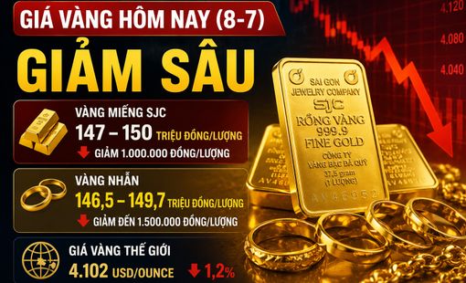 Giá vàng hôm nay (8-7): Vàng miếng, vàng nhẫn đồng loạt giảm mạnh