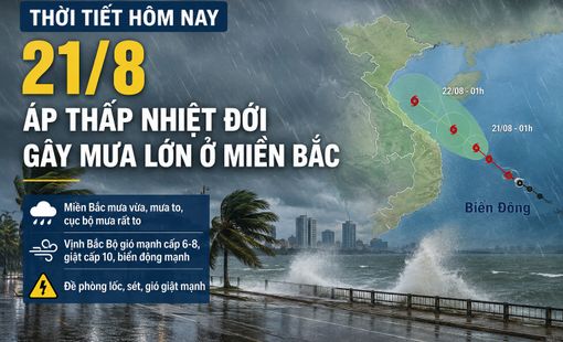 Thời tiết hôm nay 21/8: Áp thấp nhiệt đới gây mưa lớn ở miền Bắc, cảnh báo biển động mạnh