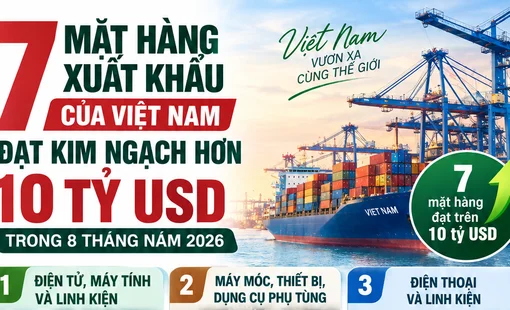 [Infographic]Việt Nam có 7 mặt hàng xuất khẩu hơn 10 tỷ USD trong 8 tháng năm 2026