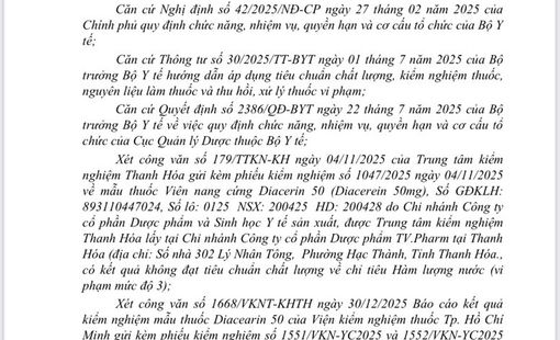 Thu hồi toàn quốc lô thuốc Diacerin 50 do vi phạm chất lượng