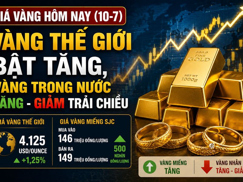 Giá vàng hôm nay (10-7): Vàng thế giới bật tăng, vàng trong nước tăng - giảm trái chiều