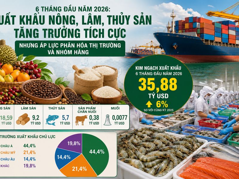 Xuất khẩu nông, lâm, thủy sản đạt gần 35,9 tỷ USD trong 6 tháng đầu năm 2026