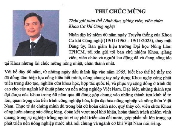Hiểu trưởng Trường Đại học Nông Lâm Thành phố Hồ Chí Minh chúc mừng 60 năm ngày Truyền thống Khoa Cơ khí Công nghệ