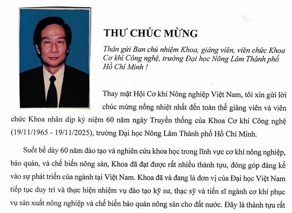 Chủ tịch Hội Cơ khí Nông nghiệp Việt Nam chúc mừng 60 năm ngày Truyền thống Khoa Cơ khí Công nghệ, Trường Đại học Nông Lâm Thành phố Hồ Chí Minh