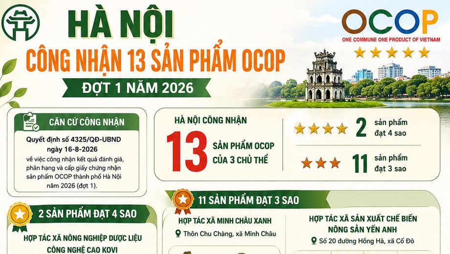 [Infographic] Hà Nội công nhận 13 sản phẩm OCOP đợt 1 năm 2026