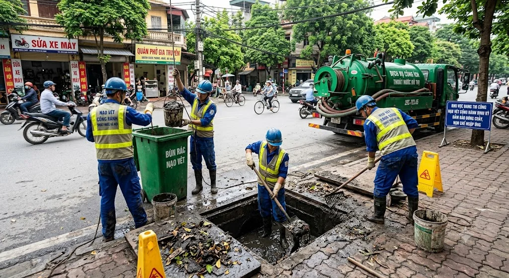 Kiểm tra và nạo vét cống rãnh định kỳ giúp duy trì dòng chảy, hạn chế tình trạng nước mưa ứ đọng tại các điểm thường xuyên ngập.