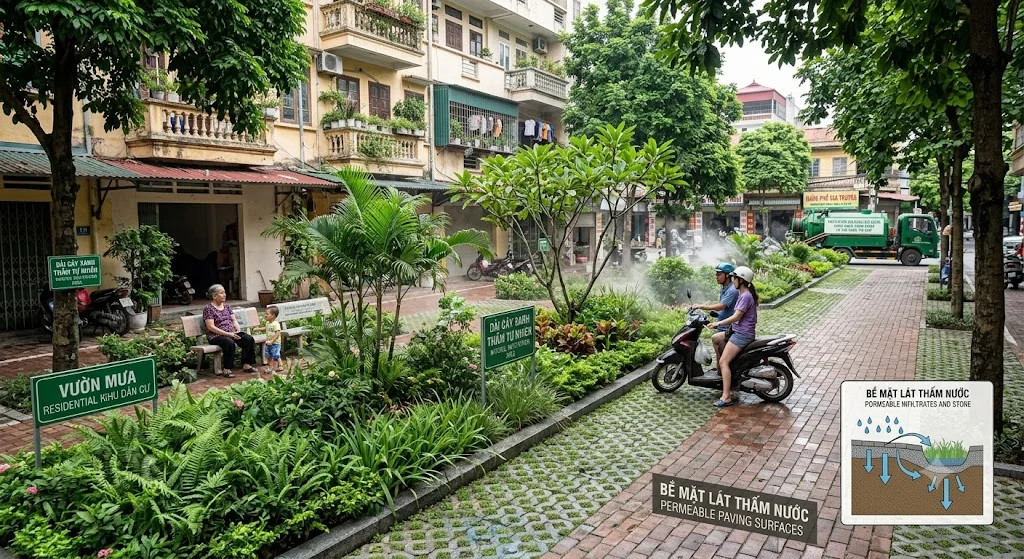 Tăng diện tích thấm và trữ nước tại chỗ có thể góp phần giảm lượng nước mưa dồn nhanh vào cống.