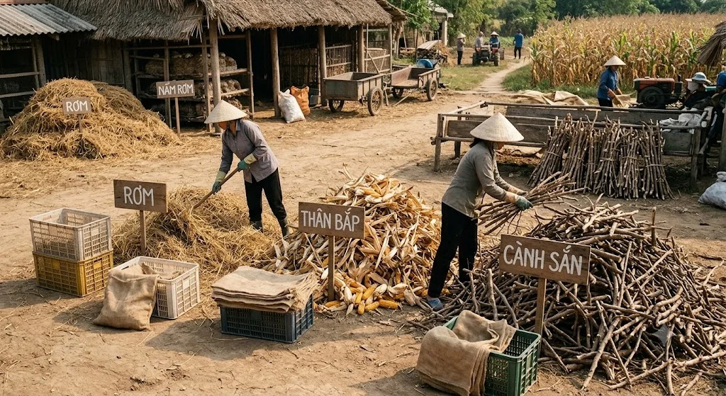 Thu gom và phân loại đúng cách là bước đầu trong xử lý phụ phẩm nông nghiệp, giúp hạn chế lãng phí nguồn tài nguyên ngay tại nơi sản xuất.