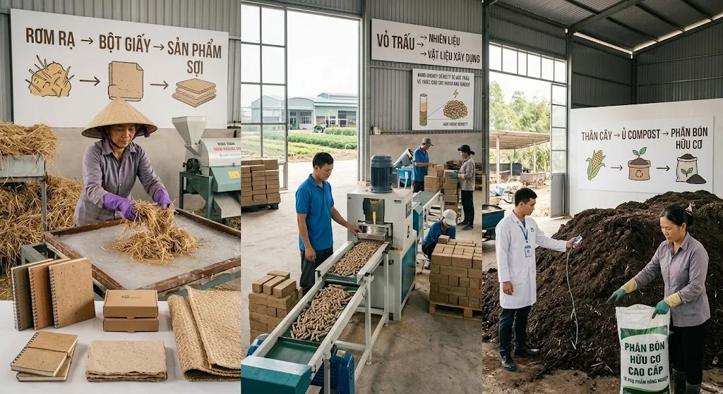 Từ rơm rạ, thân cây đến vỏ trấu, nhiều loại phụ phẩm có thể được đưa vào các chuỗi giá trị mới nếu có công nghệ và thị trường phù hợp.