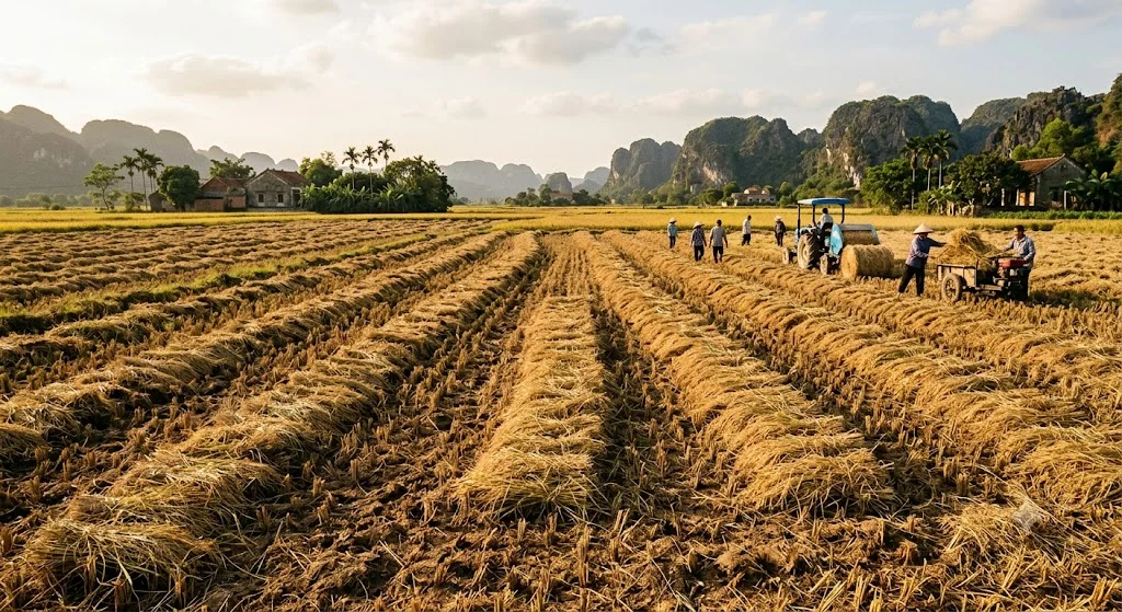Thu gom rơm rạ sau thu hoạch giúp hạn chế đốt ngoài đồng và mở ra nhiều hướng tái sử dụng nguồn sinh khối.