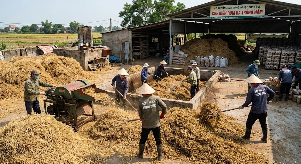 Tận dụng rơm rạ làm nguyên liệu trồng nấm là một hướng chuyển phụ phẩm thành sản phẩm có giá trị.