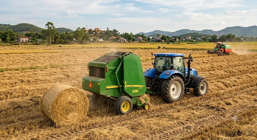 Tổ chức thu gom bằng máy giúp rút ngắn thời gian xử lý rơm và tạo điều kiện đưa phụ phẩm vào các chuỗi sử dụng tiếp theo.