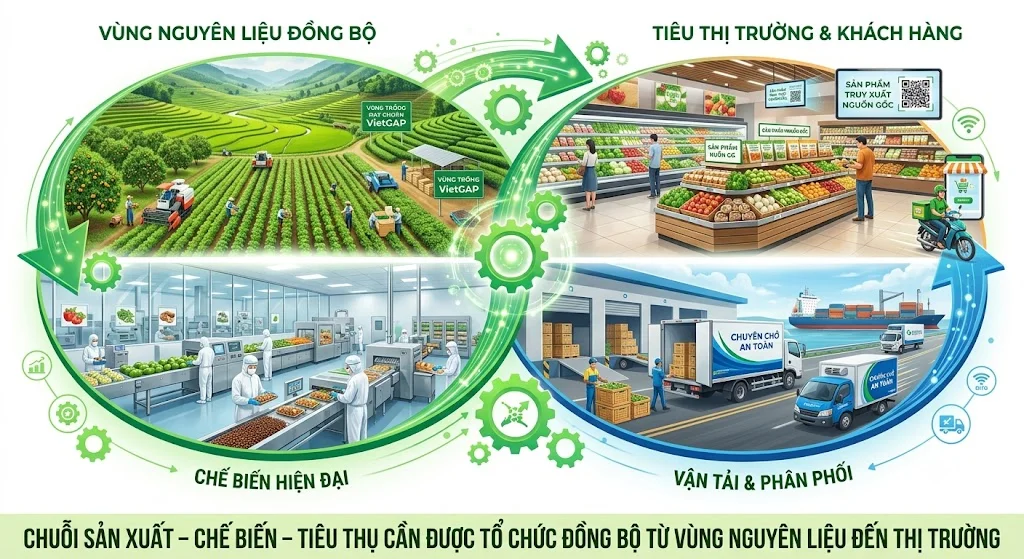 Chuỗi sản xuất – chế biến – tiêu thụ cần được tổ chức đồng bộ từ vùng nguyên liệu đến thị trường.