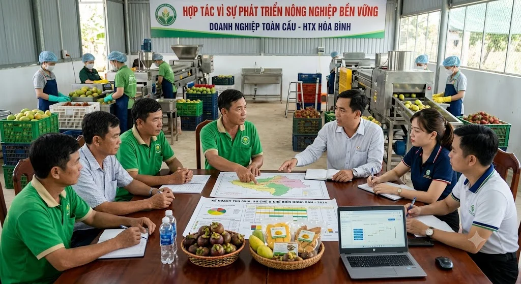 Liên kết giữa HTX, nông dân và doanh nghiệp giúp các khâu sản xuất, chế biến và tiêu thụ được tổ chức thống nhất hơn.